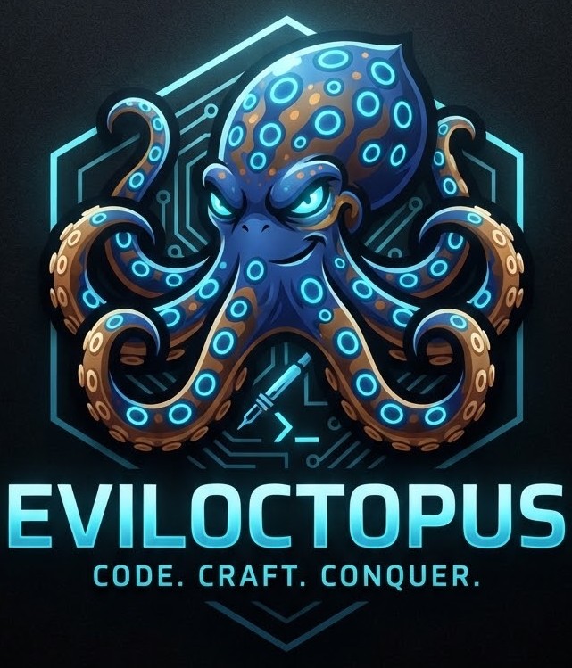 Evil0ctopus brand mark — stylized octopus with tagline CODE. CRAFT. CONQUER.